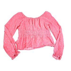 Art Class Peasant Top Girls XL 14 Ruffle Trim Floral Coral w White Polka Dots